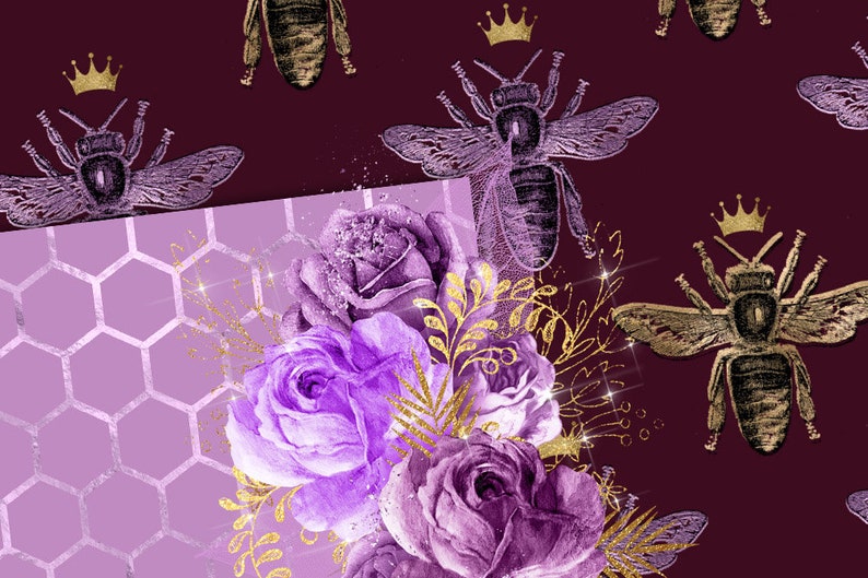 Queen Bee Digital Paper, Gold Bee Clipart, Seamless Patterns, Bee ...