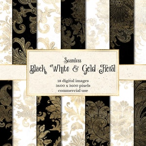 Black White and Gold Floral Digital Paper, seamless floral damask patterns in shimmering gold for commercial use