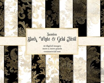 Papel digital con estampado floral damasco dorado, patrones en blanco y negro (descarga digital)
