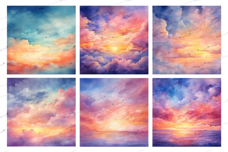 May include: Six watercolour paintings depicting colourful sunsets with clouds. The sunsets are in shades of pink, orange, yellow, and blue. The clouds are fluffy and white. The paintings are all different, but they all share a similar theme of peace and tranquility.
