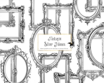 Antique Silver Frames Clipart - rococo and baroque vintage clip art graphics for altered art or junk journals instant download