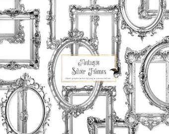 May include: A set of eight antique silver frames with ornate designs. The frames are in various shapes, including square, rectangle, and oval. The frames are perfect for adding a touch of elegance to any home decor.