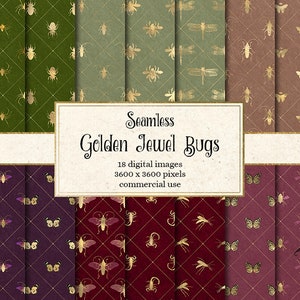 May include: A set of 18 digital seamless patterns featuring gold jewel bugs on various colored backgrounds. The patterns are 3600 x 3600 pixels and are for commercial use.