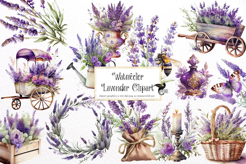May include: Watercolor clipart featuring lavender flowers in various arrangements, including a wheelbarrow, a watering can, a bottle of perfume, a candle, a basket, and a wreath. The clipart also includes a bee and a butterfly.