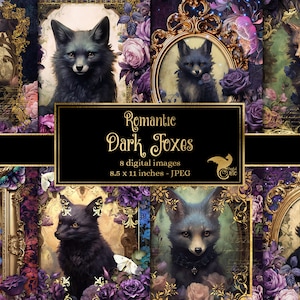 May include: Eight digital images of foxes in ornate gold frames with purple and black floral backgrounds. The foxes are wearing collars and some have roses in their mouths. The text "Romantic Dark Foxes" is in gold lettering on a black background.