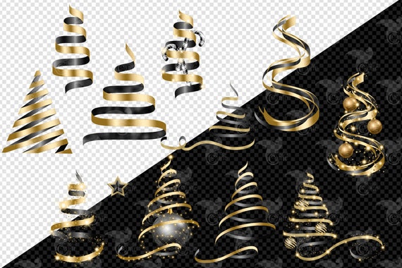 Black and Gold Ribbon Christmas Trees Clipart