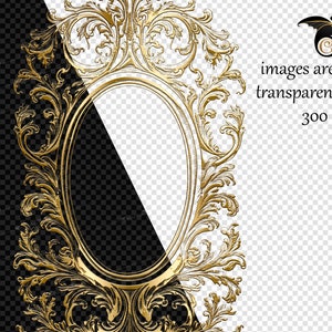 May include: A gold ornate frame with a decorative design. The frame is oval shaped and has a blank space in the center.