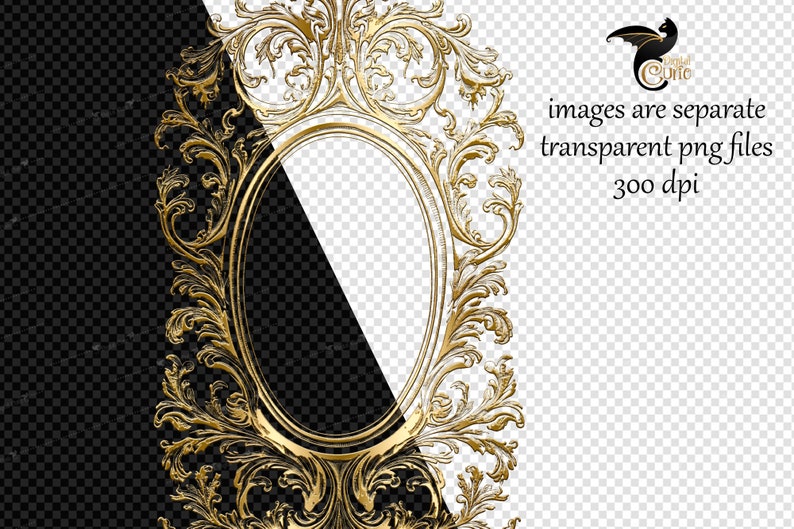May include: A gold ornate frame with a decorative design. The frame is oval shaped and has a blank space in the center.