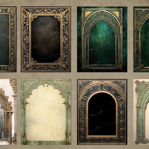 May include: Set of eight digital printable frames with ornate gold and green borders. The frames are in various styles, including arched and rectangular. The frames are perfect for adding a touch of elegance to your digital projects.