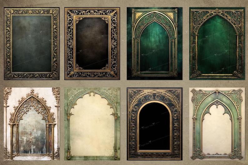 May include: Set of eight digital printable frames with ornate gold and green borders. The frames are in various styles, including arched and rectangular. The frames are perfect for adding a touch of elegance to your digital projects.