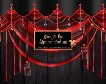 Black and Red Shimmer Curtains Clipart, digital curtain backdrop clip art graphics, stage curtains, theater drapes, curtain png overlays