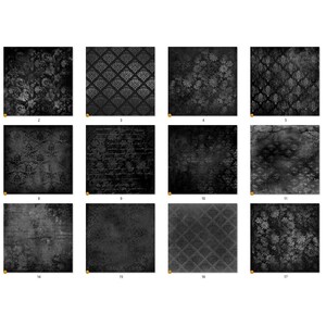 May include: A set of 18 black and white digital paper textures. The textures feature a variety of patterns, including floral, geometric, and grunge.