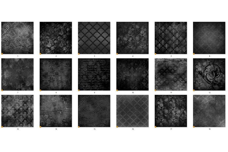 May include: A set of 18 black and white digital paper textures. The textures feature a variety of patterns, including floral, geometric, and grunge.