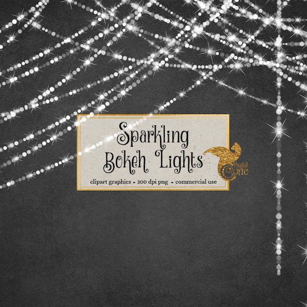 Sparkling Bokeh String Lights Clipart - Digital Overlay PNG Fairy Lights clip art, Christmas Wedding Strands Instant Download