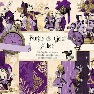 Purple and Gold Alice Digital Scrapbooking Kit, instant download Alice&#39;s Adventures in Wonderland digital paper and clipart