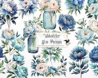 Watercolor Blue Peony Clipart - peonies in PNG format instant download for commercial use