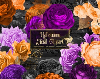 Halloween Floral Clipart, Gothic Purple Orange Roses (Digital Download)