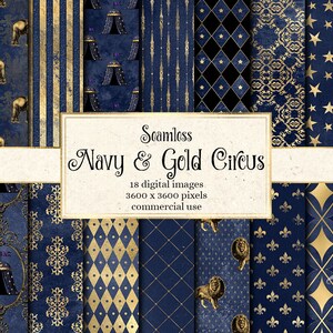 Navy en Gold Circus Digital Paper, naadloze vintage antieke noodlijdende grunge circuspatronen afdrukbaar plakboekpapier