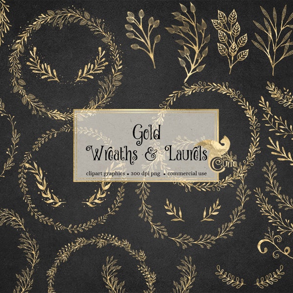 Gold Wreaths and Laurels Clipart, digital gold foil wreath graphics instant download commercial use