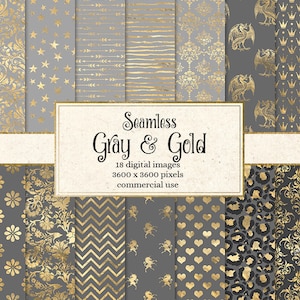 Gray and Gold Digital Paper, Foil Damask, Hearts (Seamless, JPG)