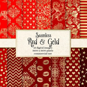 Papel digital vermelho e dourado, fundos de folha de ouro vermelho sem costura, padrões de ouro, papel de scrapbook imprimível, uso comercial digital