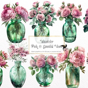 Watercolor Pink and Emerald Vases Clipart - floral bouquets in PNG format instant download for commercial use