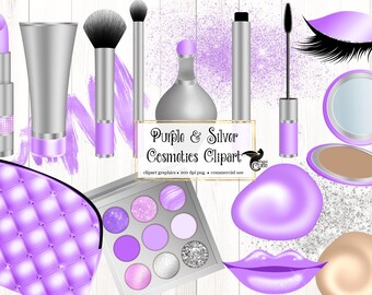 Puede incluir: Clipart de cosméticos púrpura y plateado con una bolsa de maquillaje, una paleta de sombras de ojos, un lápiz labial, una máscara de pestañas, un delineador de ojos, un rubor y una brocha de maquillaje.