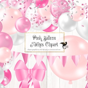 Rosa Ballon Bogen Clipart, Glam Ballon png digitale Überlagerungen mit Bändern und Konfetti sofortigen Download kommerzielle Nutzung