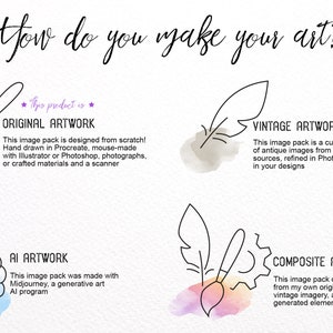 May include: A graphic illustration showing four different ways to create art. The first image shows a paintbrush with a green watercolor background and the text "Original Artwork". The second image shows a feather with a gray watercolor background and the text "Vintage Artwork". The third image shows a gear and brain with a blue watercolor background and the text "AI Artwork". The fourth image shows a paintbrush and feather with a pink and orange watercolor background and the text "Composite Artwork".