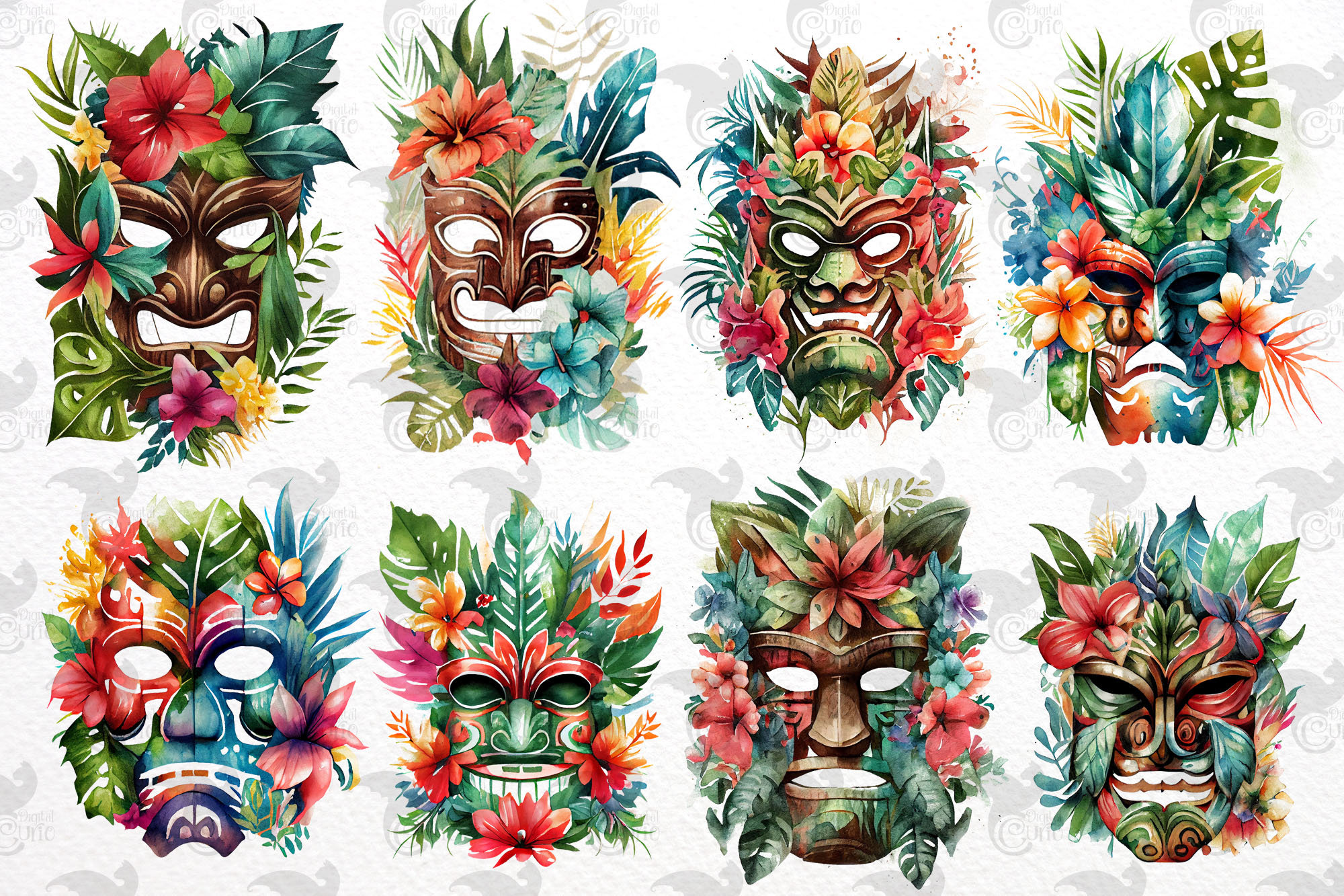 Clip art de máscara tiki en acuarela – PNG floral hawaiano (Uso comercial)  - Etsy México, image size:2000x1333