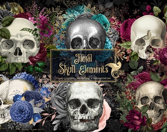 Floral Skull Elements, antique illustrations of human skulls and flowers in PNG format clipart instant download for commercial use