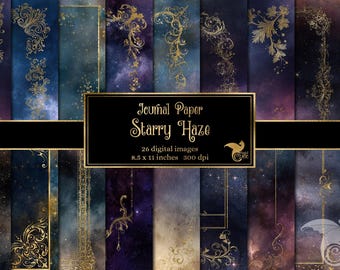 Papier do dziennika Starry Haze Filigree, Celestial Cosmic Printable (do pobrania cyfrowego)