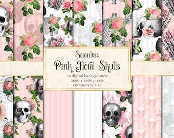 Pink Floral Skulls Digital Paper, Seamless Gothic Patterns (Commercial Use)
