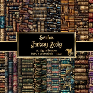 Könnte beinhalten: Eine digitale Collage aus 20 nahtlosen Mustern mit Stapeln antiker Bücher mit verzierten Einbänden und vergoldeten Buchschnitten. Die Muster sind 3600 x 3600 Pixel groß und im JPEG-Format. Der Text "Seamless Fantasy Books" wird in goldener Schrift auf schwarzem Hintergrund angezeigt.