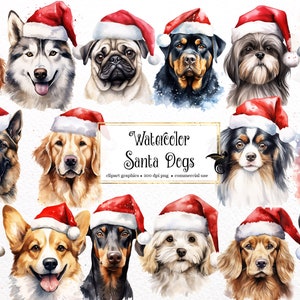 Aquarell Santa Hunde Clipart - süße Weihnachtshunde PNG Format Sofort-Download für den kommerziellen Gebrauch
