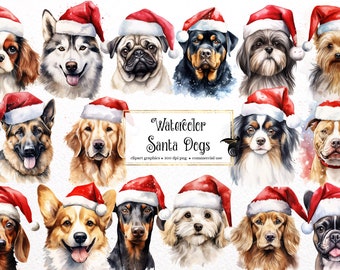 Aquarell Santa Hunde Clipart - Weihnachtshund PNG, kommerzielle Nutzung (digitaler Download)