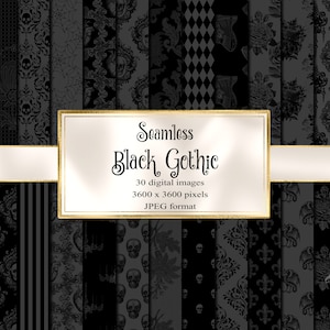 Nahtloses schwarzes Gothic digitales Papier, Schädel Damast Halloween Scrapbook Papier, druckbare beunruhigte Grunge Texturen, Goth Hintergründe