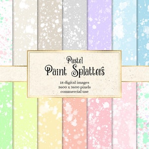 Pastel Paint Splatters Digital Paper, printable scrapbook paper backgrounds with watercolor drips and paintball spatters for commercial use