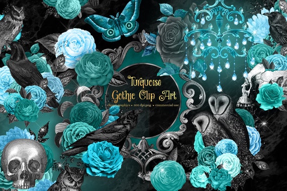 Turquoise Gothic Clip Art – Vintage Raven, Skull, and Flowers (PNG, Digital Download)