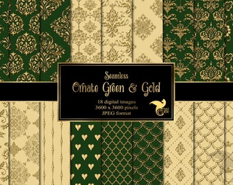 Ornate Green and Gold Digital Paper, seamless royal damask patterns printable scrapbook paper commercial use