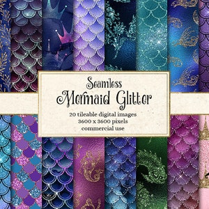 Mermaid Glitter Digital Paper and seamless mermaid scale patterns for printable scrapbook paper and web backgrounds commercial use