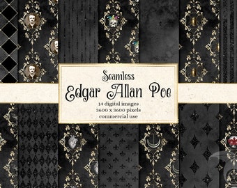 Edgar Allan Poe Digital Paper – Gothic Raven & Skulls (Seamless, Commercial Use)