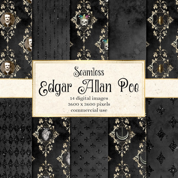 Edgar Allan Poe Digital Paper - seamless Gothic patterns with the Raven and vintage skulls for instant download commercial use