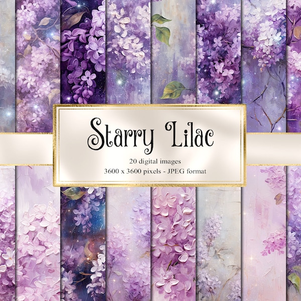 Starry Lilac Digital Paper, papel digital celestial floral fantasía scrapbook páginas papel imprimible descarga instantánea