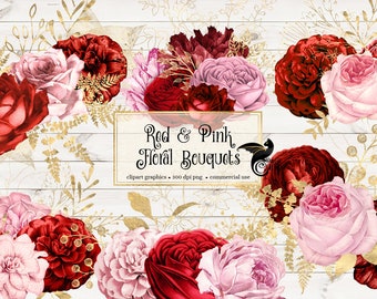 Red and Pink Floral Bouquets Clipart, digital instant download blush pink and gold Valentines Day flower png embellishments commercial use