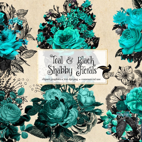 Teal and Black Shabby Floral Clip Art, digital instant download gothic vintage flower png embellishment roses commercial use