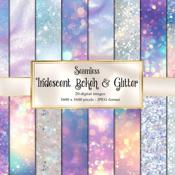 Iridescent Bokeh and Glitter Digital Paper, rainbow sparkle backgrounds, instant download for commercial use