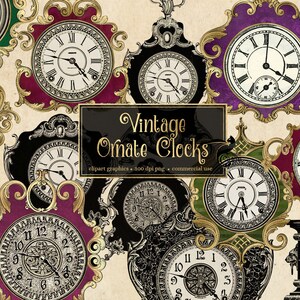 May include: A collection of vintage ornate clocks with gold accents and intricate designs. The clocks are set against a background of various colors, including red, purple, green, and blue. The clocks are all in different styles, but they all have a classic, antique look.