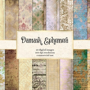 Damask Ephemera Digital Paper, newspaper scrapbook paper, decoupage printable paper, scrapbooking, old paper textures, handwriting, music