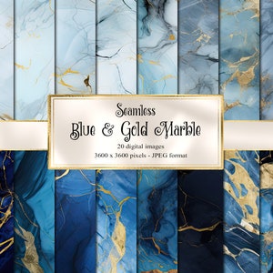 Blaues und goldenes Marmorpapier, nahtlose Marmortexturen, druckbares Scrapbookpapier Natursteinhintergründe